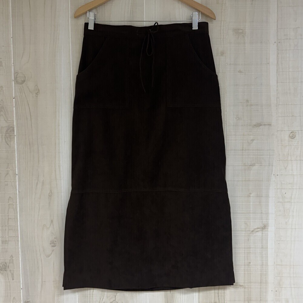 Vtg 90’s First Option Chocolate Brown Faux Suede Maxi Skirt Side Slits Boho 8/10